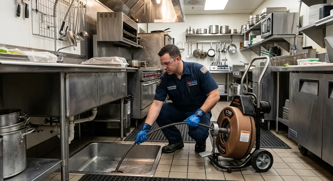 Commercial drain cleaning service in a restaurant kitchen in Havelock