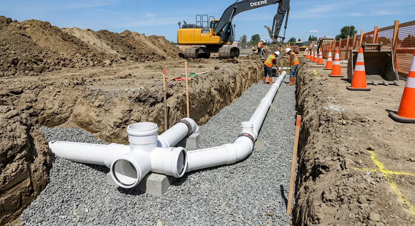 New PVC sewer pipe installation in open trench for Commercial Drain Cleaning in Havelock