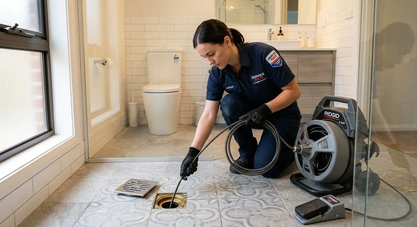 Technician clearing a bathroom floor drain for Hydro Jetting in Havelock